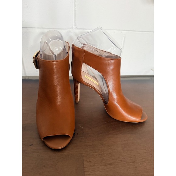 Louise et Cie Shoes - Louise et Cie Brown Leather Peep Toe Ankle Booties Heel Buckle Zip Size 6.5